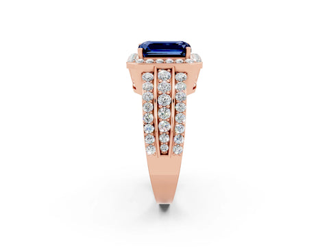 Rose gold Emerald Cut Halo Blue Sapphire Ring with Split Shank and Four-Prong Setting_2