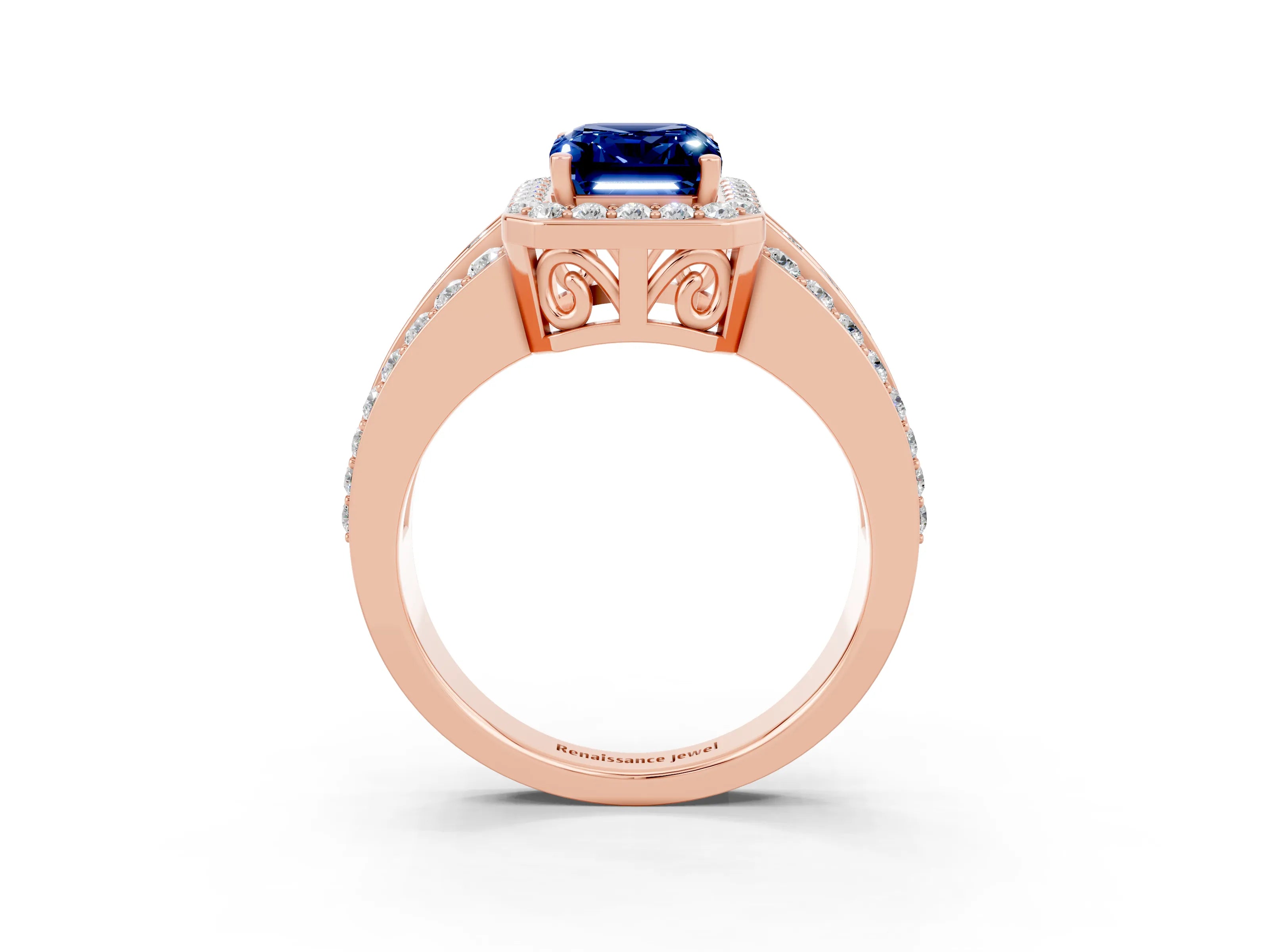 Rose gold Emerald Cut Halo Blue Sapphire Ring with Split Shank and Four-Prong Setting_3