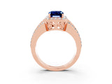 Rose gold Emerald Cut Halo Blue Sapphire Ring with Split Shank and Four-Prong Setting_3