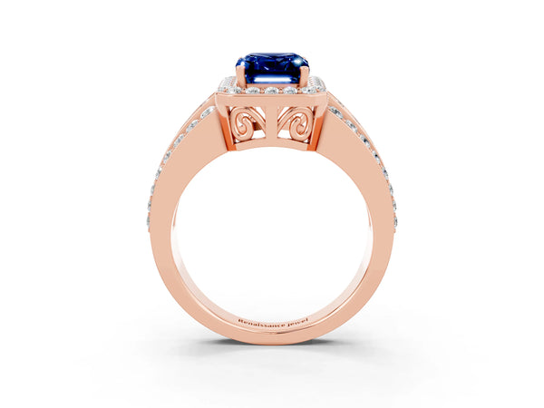Rose gold Emerald Cut Halo Blue Sapphire Ring with Round  Split Shank and Prong Setting