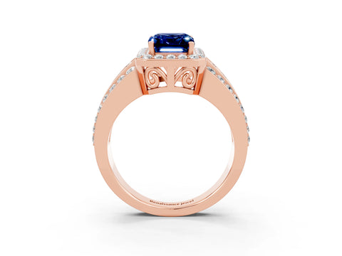 Rose gold Emerald Cut Halo Blue Sapphire Ring with Split Shank and Four-Prong Setting_3