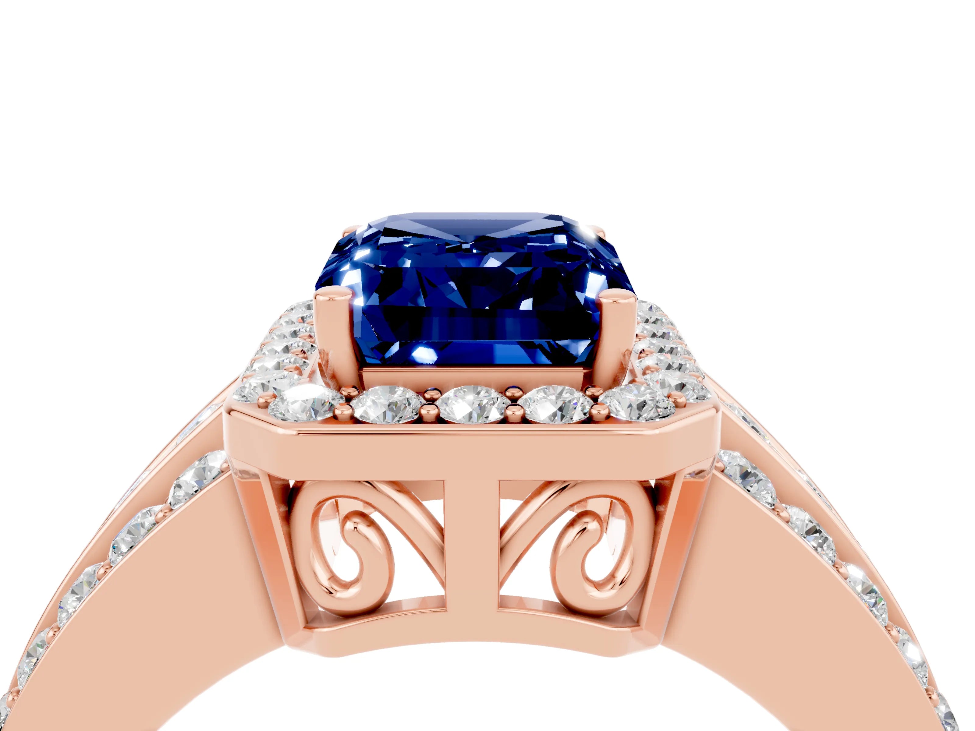 Rose gold Emerald Cut Halo Blue Sapphire Ring with Split Shank and Four-Prong Setting_4