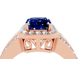 Rose gold Emerald Cut Halo Blue Sapphire Ring with Split Shank and Four-Prong Setting_4