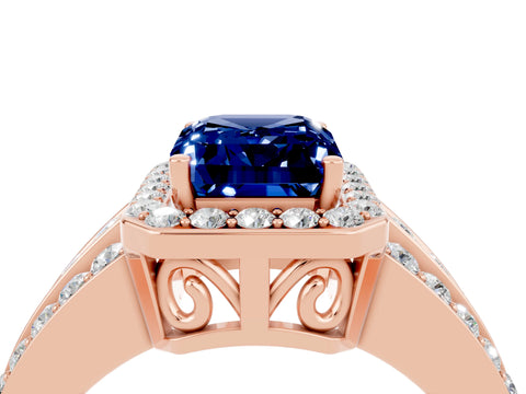 Rose gold Emerald Cut Halo Blue Sapphire Ring with Split Shank and Four-Prong Setting_4