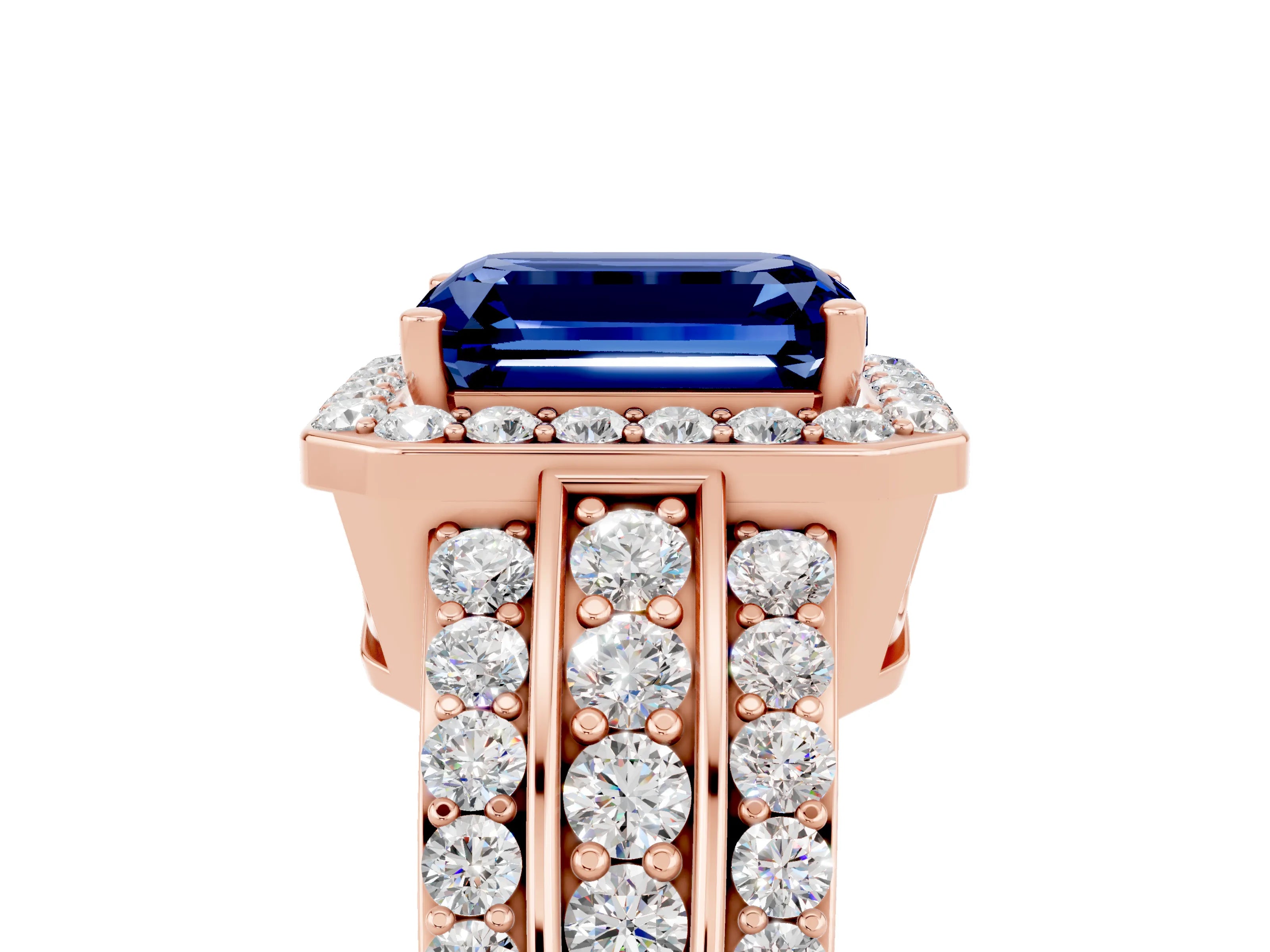 Rose gold Emerald Cut Halo Blue Sapphire Ring with Split Shank and Four-Prong Setting_5