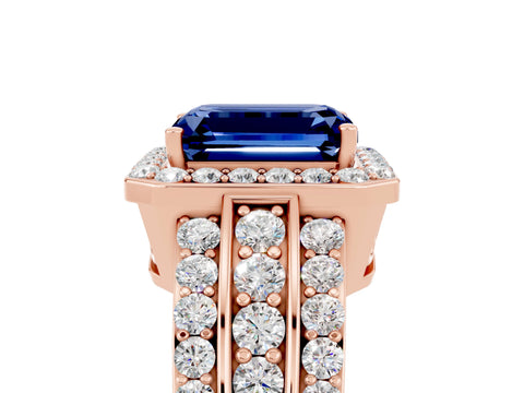 Rose gold Emerald Cut Halo Blue Sapphire Ring with Split Shank and Four-Prong Setting_5