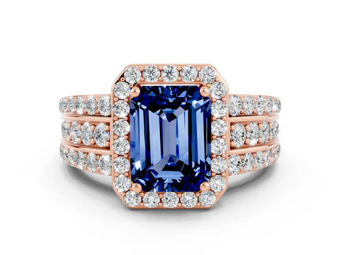 Rose gold Emerald Cut Halo Blue Sapphire Ring with Split Shank and Four-Prong Setting