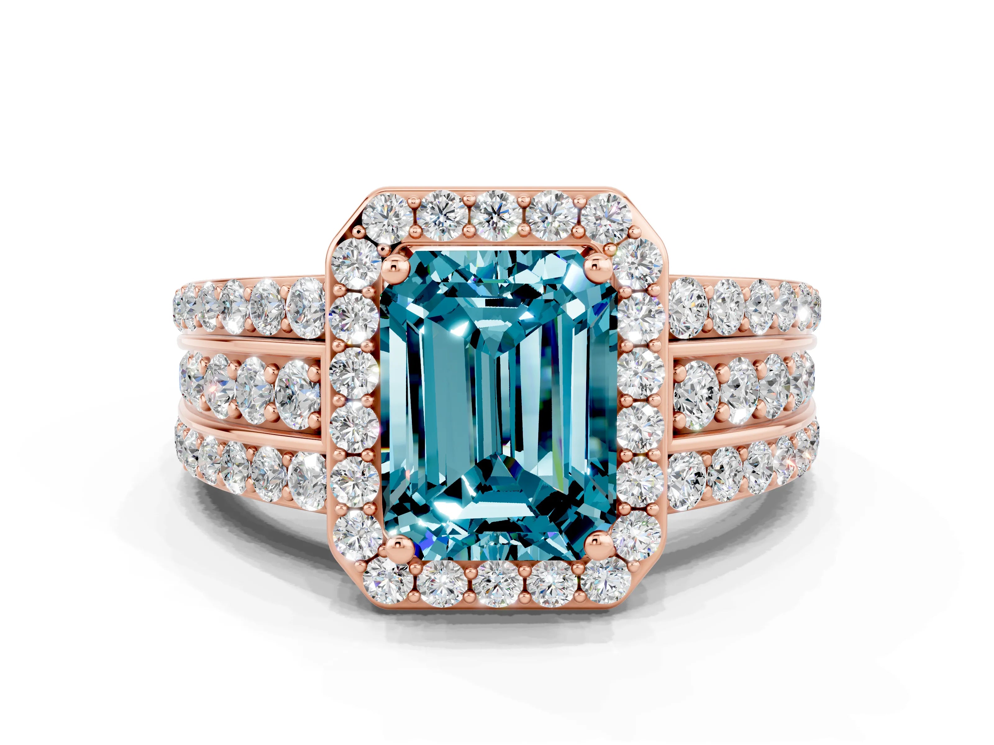 Rose gold Emerald Cut Halo Blue Topaz Ring with Split Shank and Four-Prong Setting