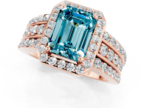 Rose gold Emerald Cut Halo Blue Topaz Ring with Split Shank and Four-Prong Setting_1