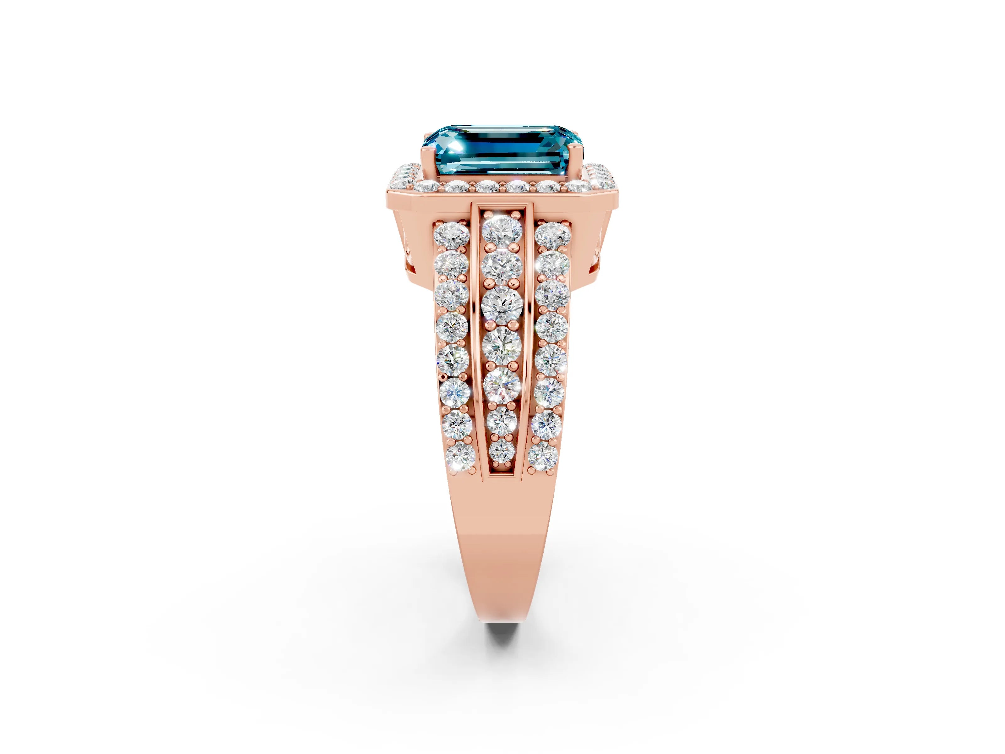 Rose gold Emerald Cut Halo Blue Topaz Ring with Split Shank and Four-Prong Setting_2