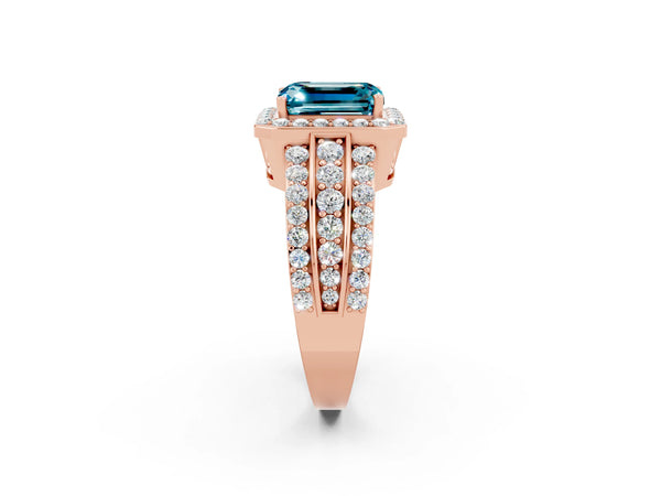 Rose gold Emerald Cut Halo Blue Topaz Ring with Round  Split Shank and Prong Setting