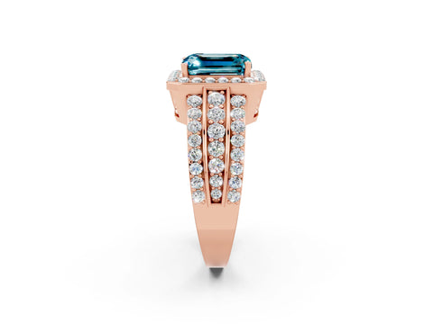 Rose gold Emerald Cut Halo Blue Topaz Ring with Split Shank and Four-Prong Setting_2