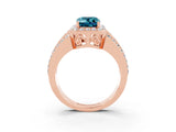 Rose gold Emerald Cut Halo Blue Topaz Ring with Split Shank and Four-Prong Setting_3
