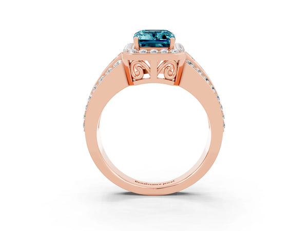 Rose gold Emerald Cut Halo Blue Topaz Ring with Round  Split Shank and Prong Setting
