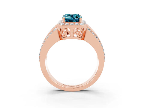 Rose gold Emerald Cut Halo Blue Topaz Ring with Split Shank and Four-Prong Setting_3
