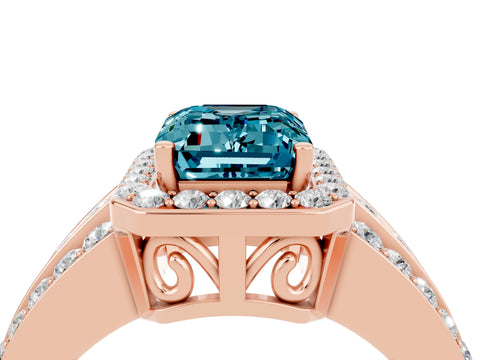 Rose gold Emerald Cut Halo Blue Topaz Ring with Split Shank and Four-Prong Setting_4