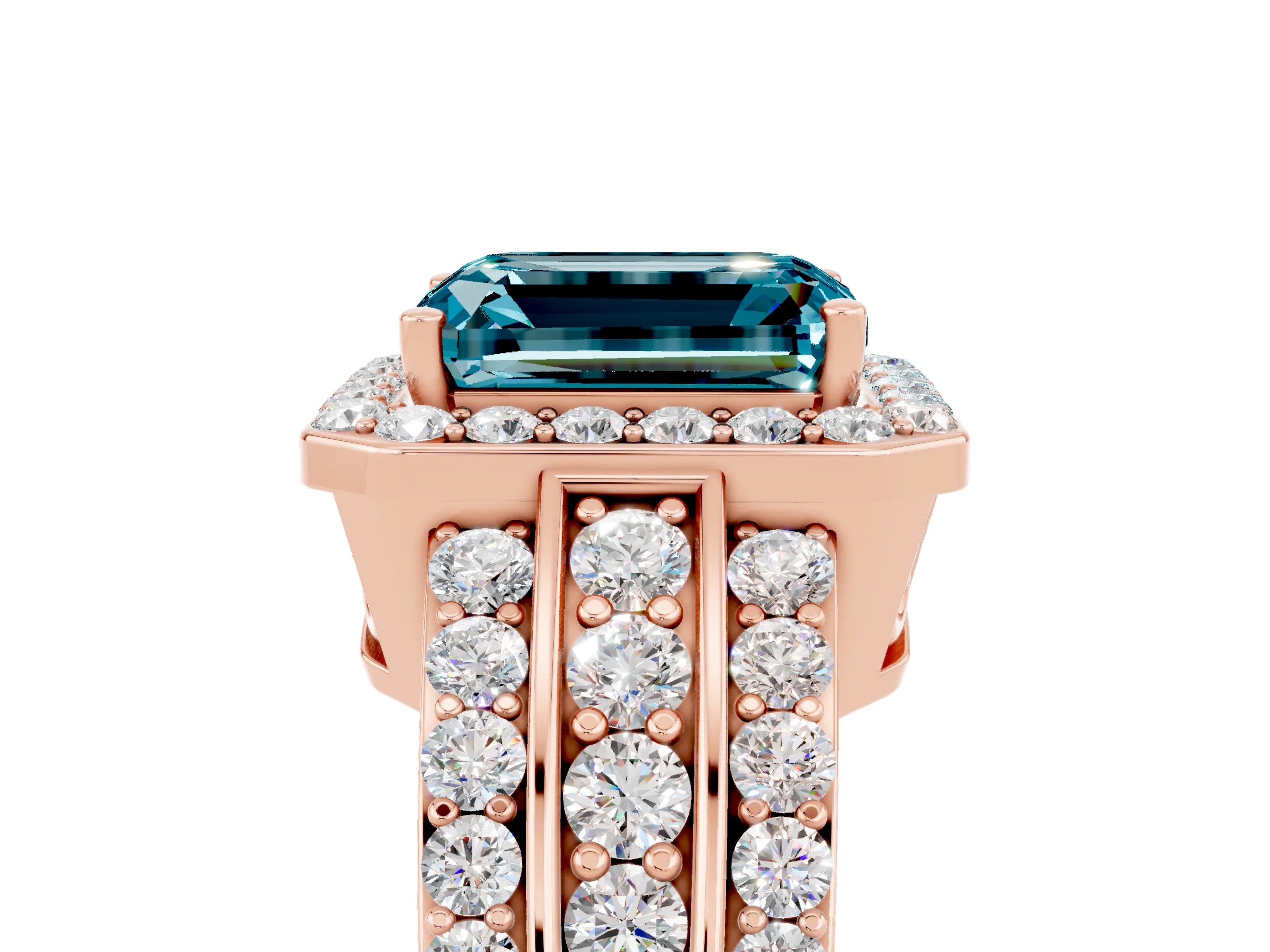 Rose gold Emerald Cut Halo Blue Topaz Ring with Split Shank and Four-Prong Setting_5