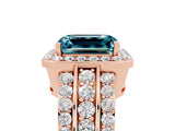 Rose gold Emerald Cut Halo Blue Topaz Ring with Split Shank and Four-Prong Setting_5