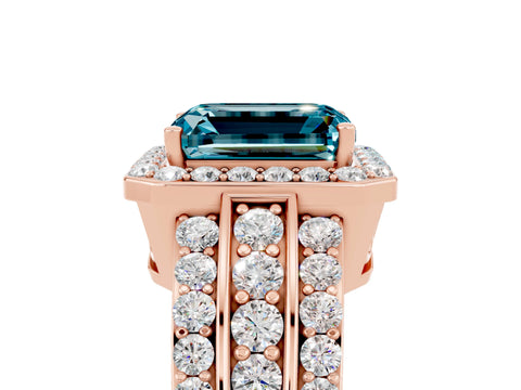 Rose gold Emerald Cut Halo Blue Topaz Ring with Split Shank and Four-Prong Setting_5