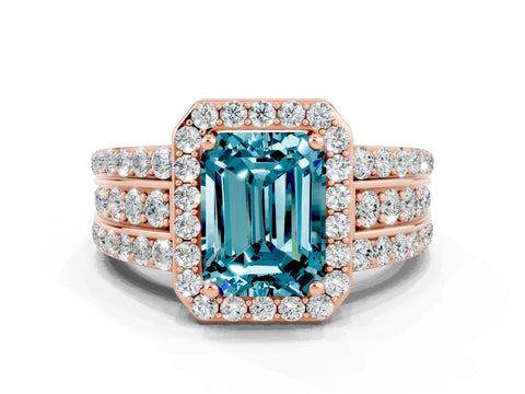 Rose gold Emerald Cut Halo Blue Topaz Ring with Split Shank and Four-Prong Setting