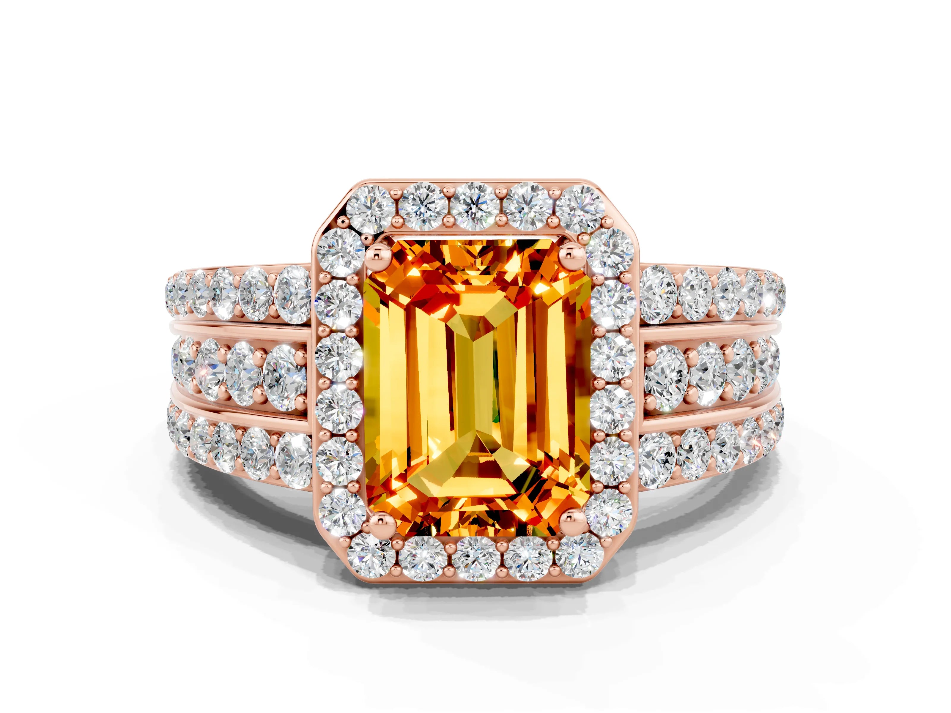 Rose gold Emerald Cut Halo Citrine Ring with Split Shank and Four-Prong Setting