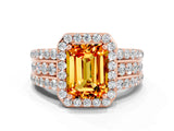 Rose gold Emerald Cut Halo Citrine Ring with Split Shank and Four-Prong Setting