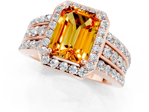 Rose gold Emerald Cut Halo Citrine Ring with Split Shank and Four-Prong Setting_1