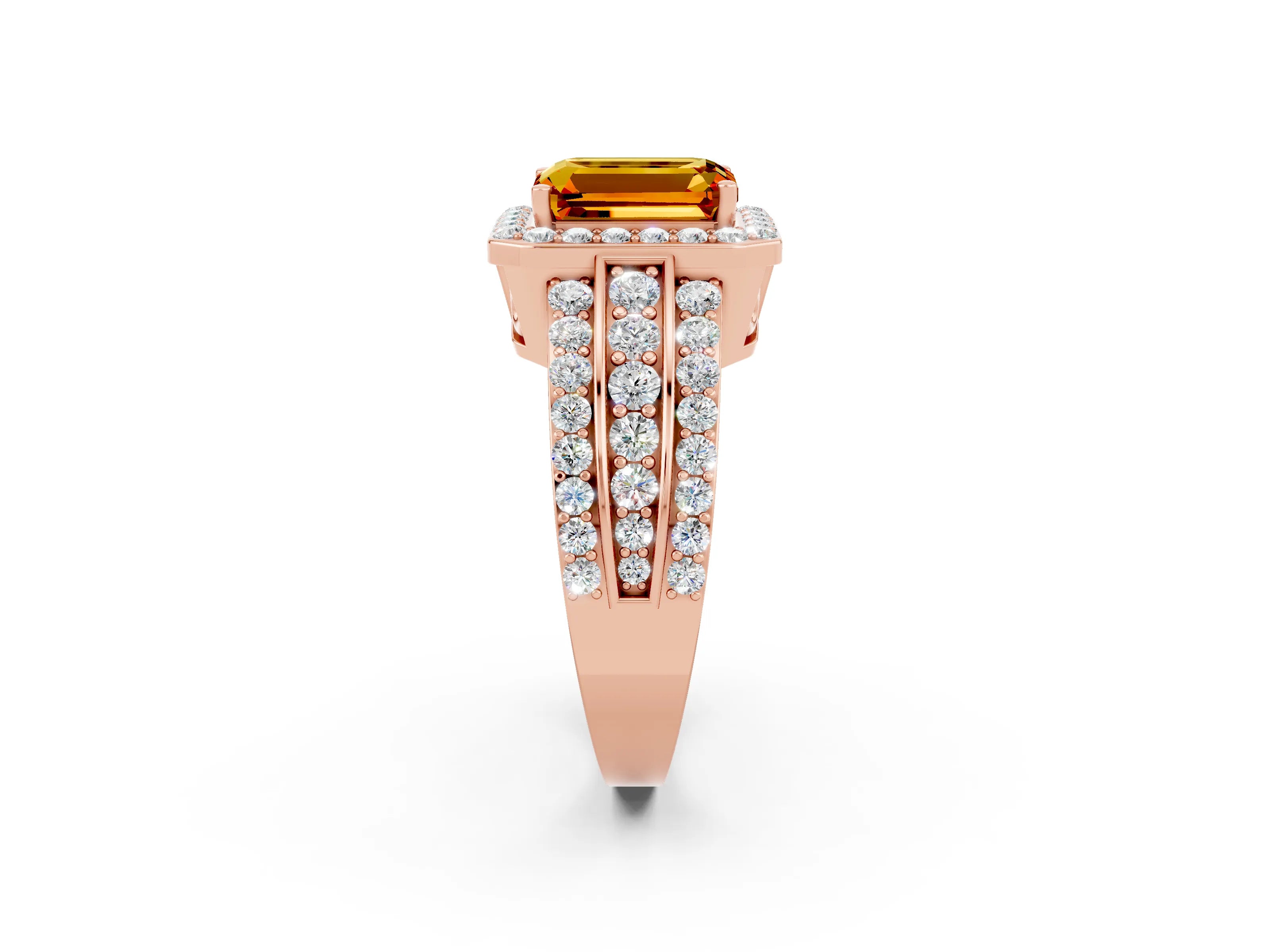 Rose gold Emerald Cut Halo Citrine Ring with Split Shank and Four-Prong Setting_2