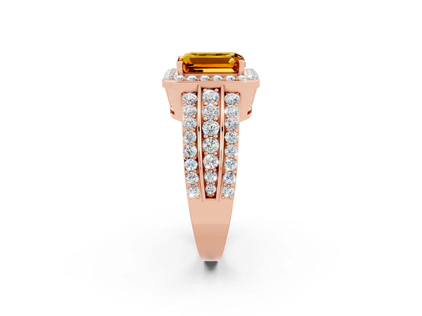 Rose gold Emerald Cut Halo Citrine Ring with Round  Split Shank and Prong Setting