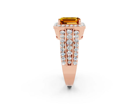 Rose gold Emerald Cut Halo Citrine Ring with Split Shank and Four-Prong Setting_2