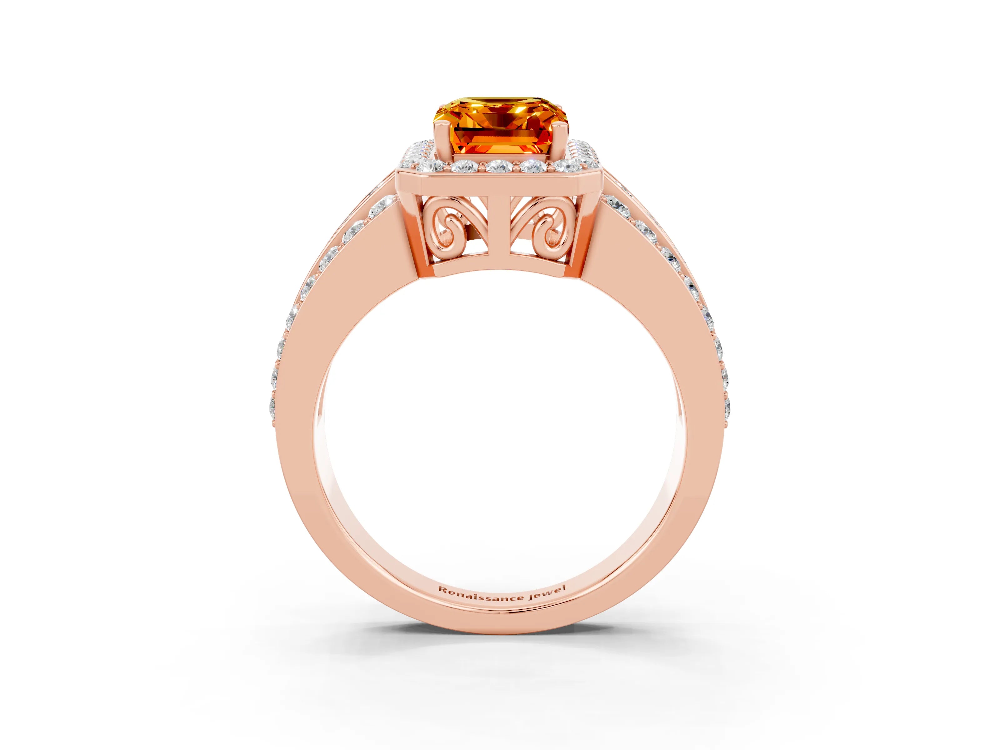 Rose gold Emerald Cut Halo Citrine Ring with Split Shank and Four-Prong Setting_3