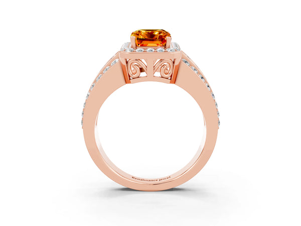 Rose gold Emerald Cut Halo Citrine Ring with Round  Split Shank and Prong Setting