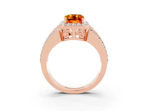 Rose gold Emerald Cut Halo Citrine Ring with Split Shank and Four-Prong Setting_3