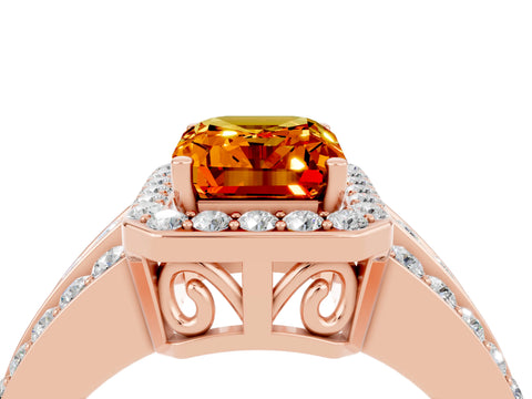 Rose gold Emerald Cut Halo Citrine Ring with Split Shank and Four-Prong Setting_4