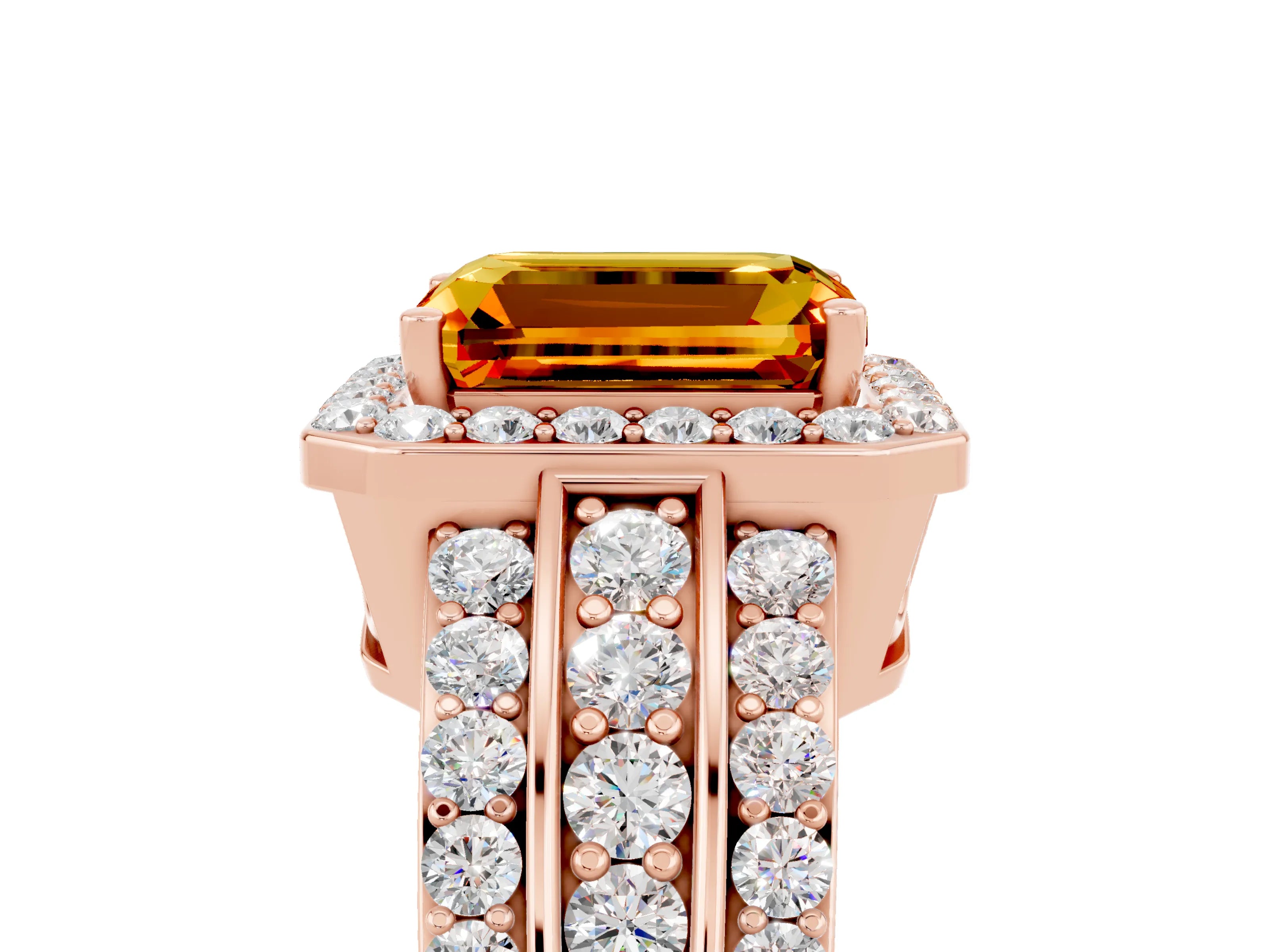 Rose gold Emerald Cut Halo Citrine Ring with Split Shank and Four-Prong Setting_5