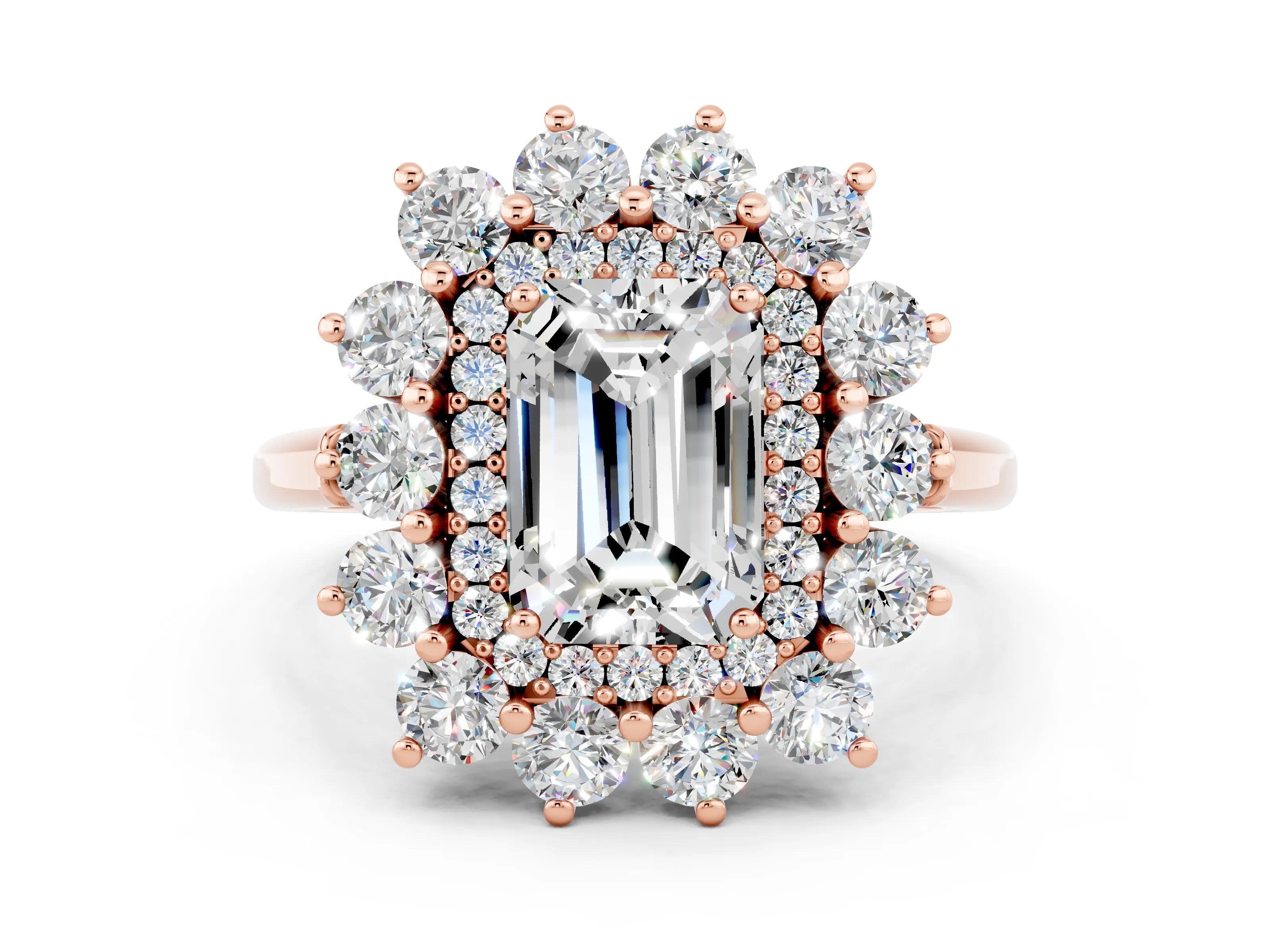Rose gold Emerald Cut Halo Cluster Diamond Ring with Pave Band and Four-Prong Setting