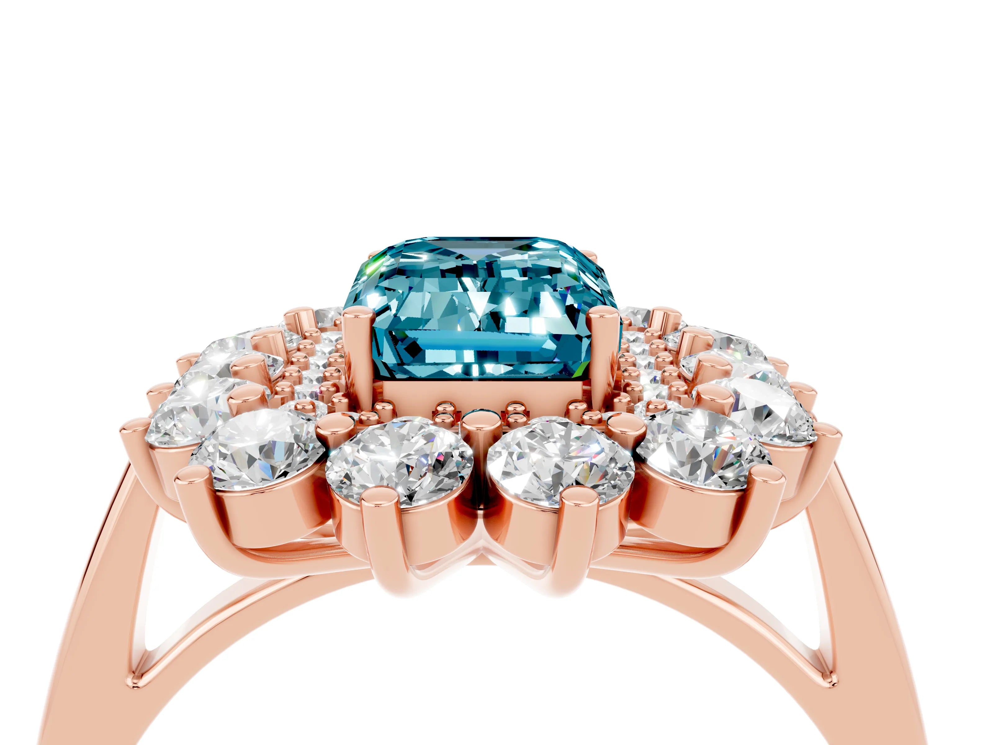 Rose gold Emerald Cut Halo Cluster Diamond Ring with Pave Band and Four-Prong Setting_10