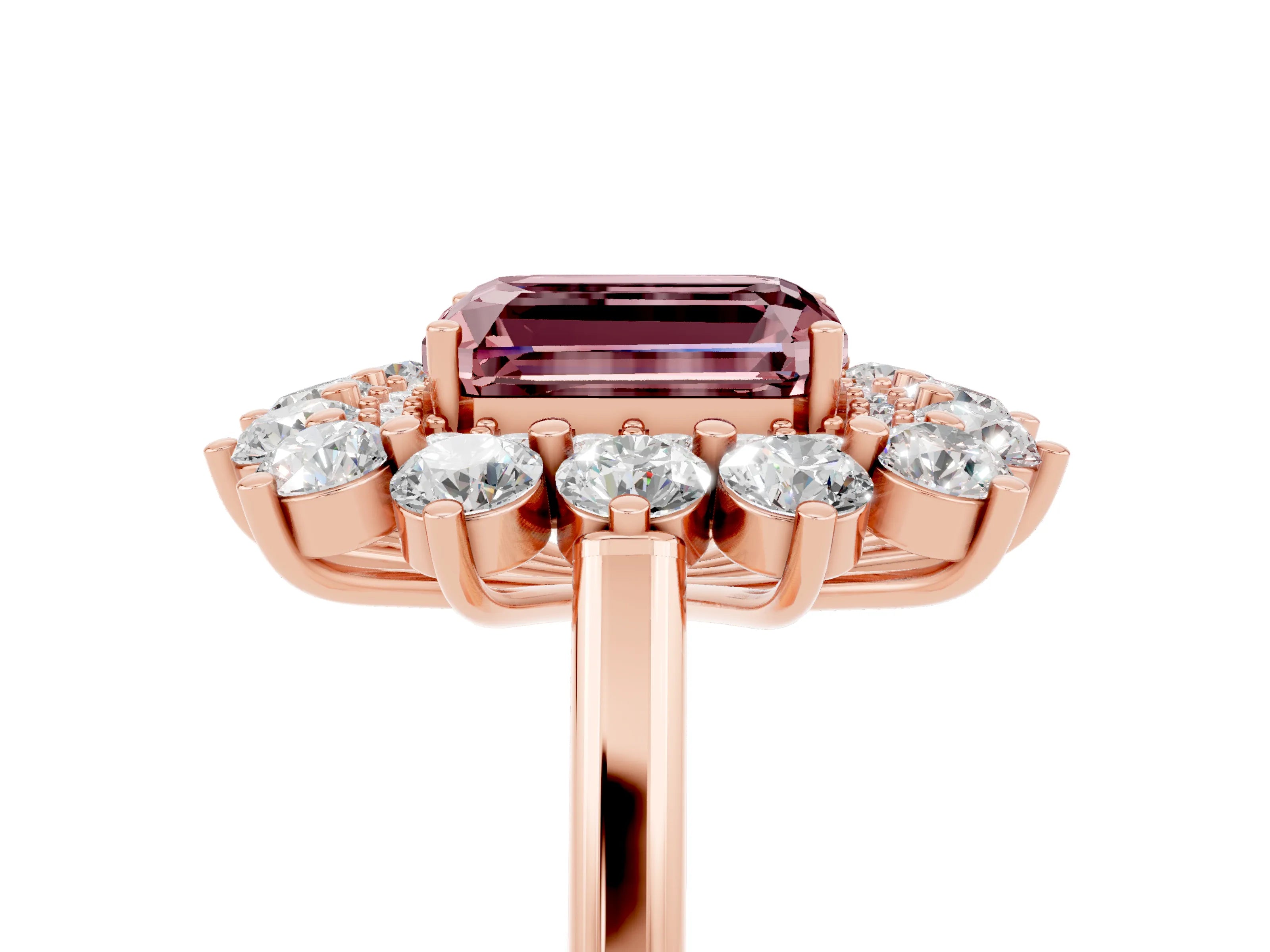 Rose gold Emerald Cut Halo Cluster Diamond Ring with Pave Band and Four-Prong Setting_11