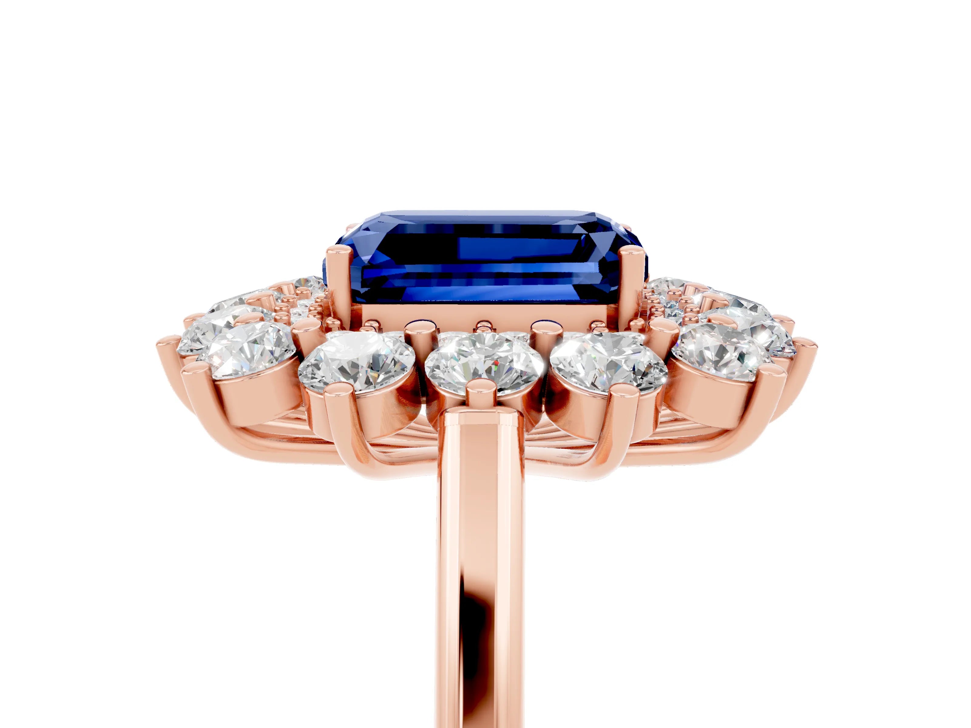 Rose gold Emerald Cut Halo Cluster Diamond Ring with Pave Band and Four-Prong Setting_11