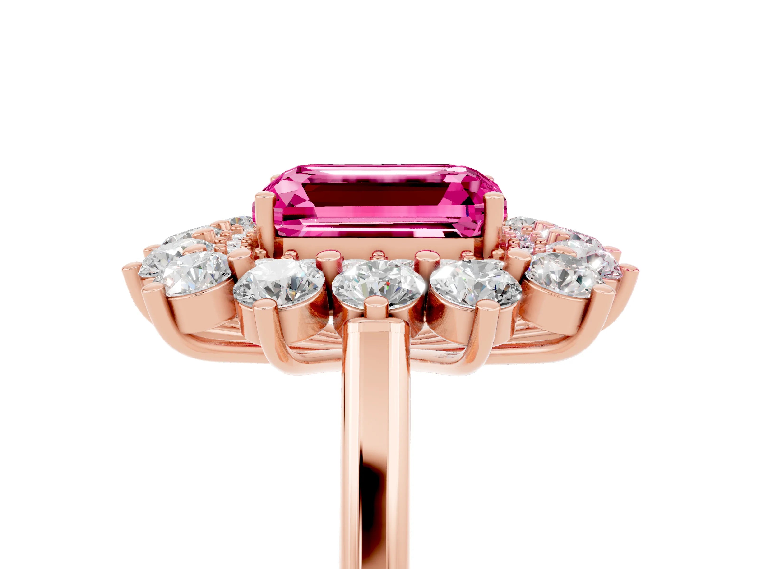 Rose gold Emerald Cut Halo Cluster Diamond Ring with Pave Band and Four-Prong Setting_11