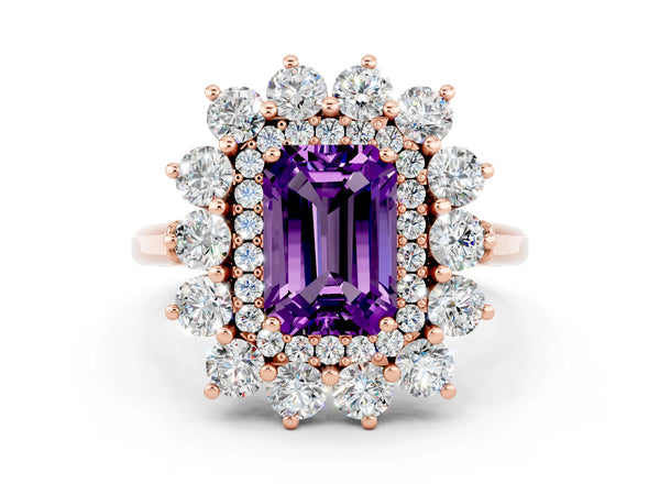 Rose gold Emerald Cut Amethyst Floral Double Halo Engagement Ring with Prong Setting