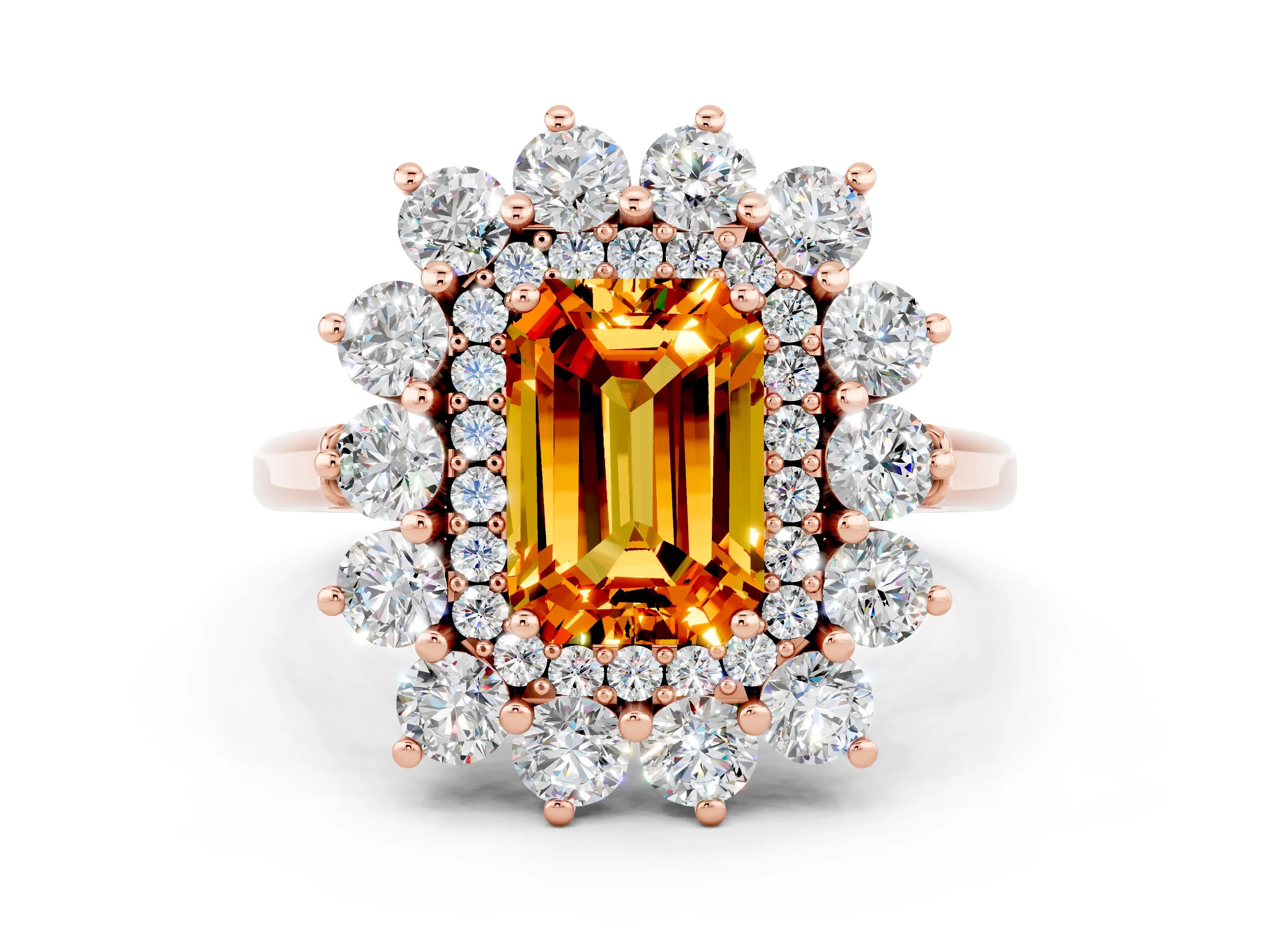 Rose gold Emerald Cut Halo Cluster Diamond Ring with Pave Band and Four-Prong Setting_12