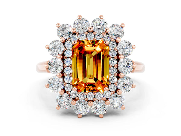 Rose gold Emerald Cut Citrine Floral Double Halo Engagement Ring with Prong Setting