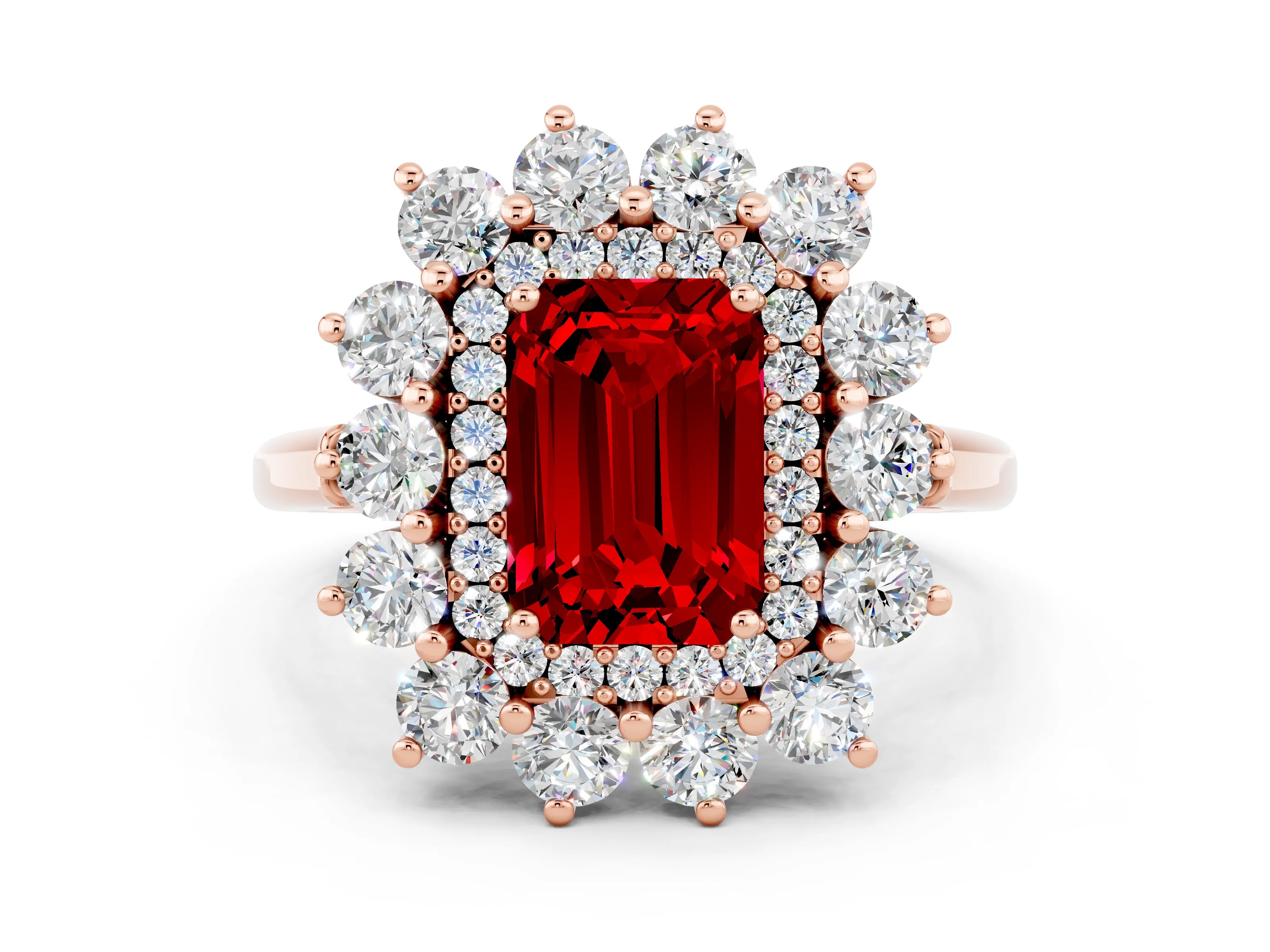 Rose gold Emerald Cut Halo Cluster Diamond Ring with Pave Band and Four-Prong Setting_12