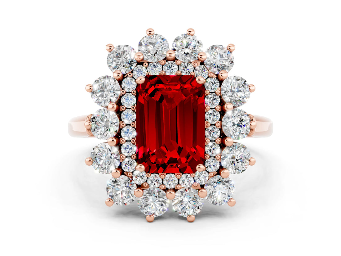 Rose gold Emerald Cut Halo Cluster Diamond Ring with Pave Band and Four-Prong Setting_12