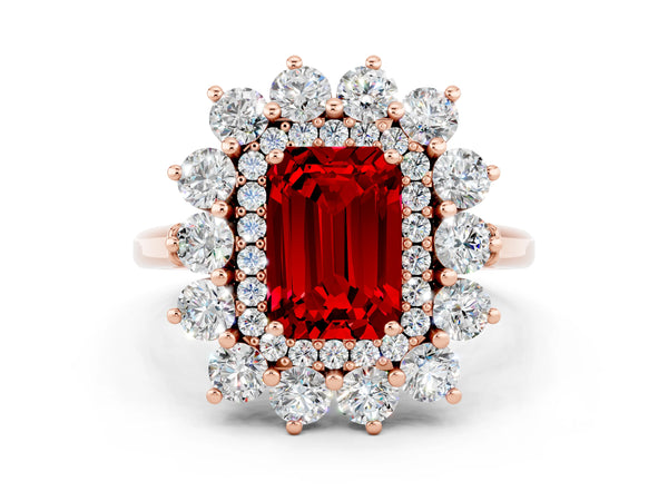 Rose gold Emerald Cut Ruby Floral Double Halo Engagement Ring with Prong Setting