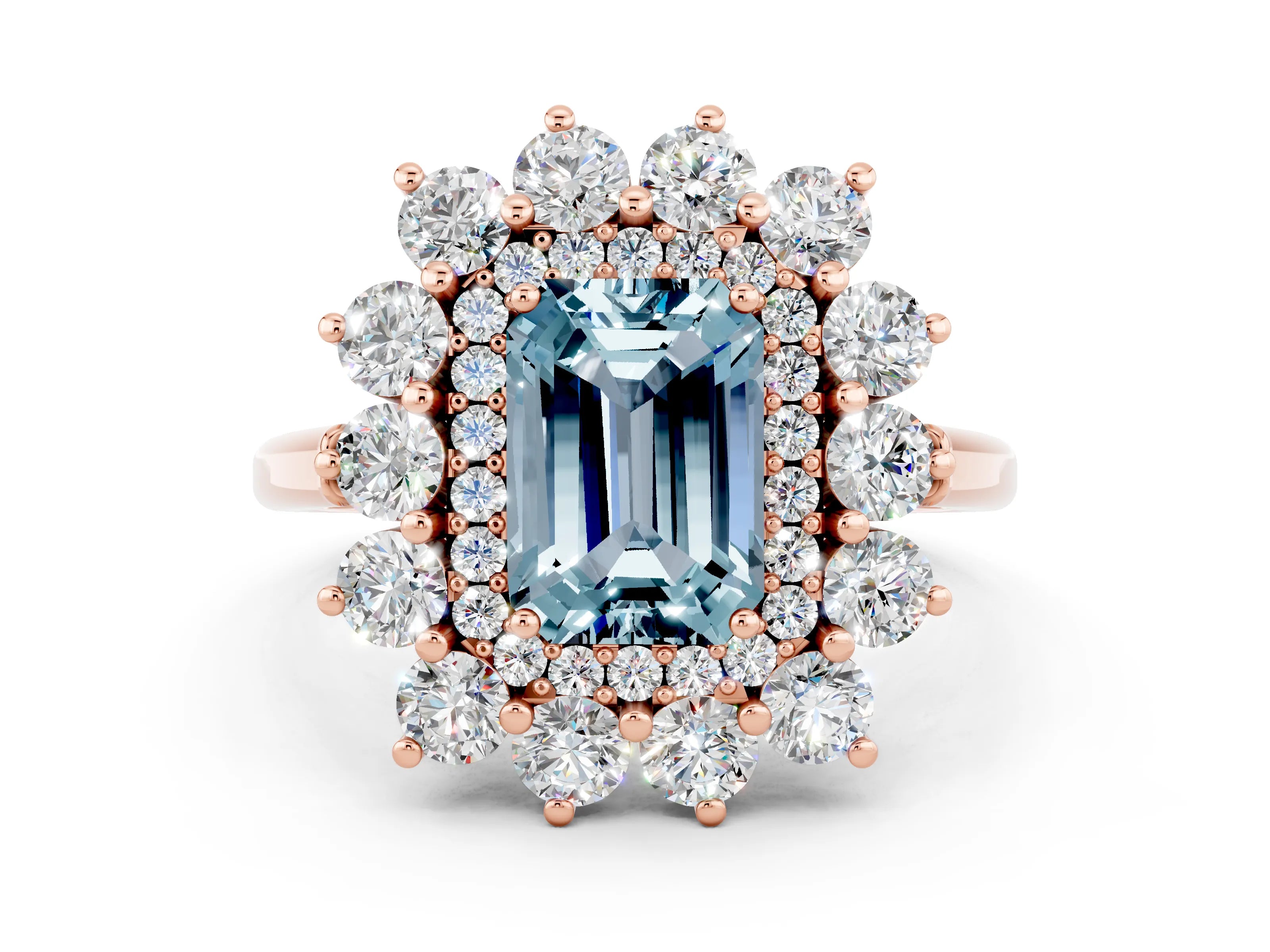Rose gold Emerald Cut Halo Cluster Diamond Ring with Pave Band and Four-Prong Setting_12