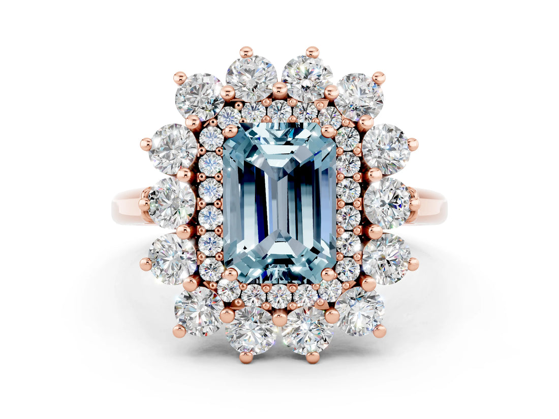 Rose gold Emerald Cut Halo Cluster Diamond Ring with Pave Band and Four-Prong Setting_12