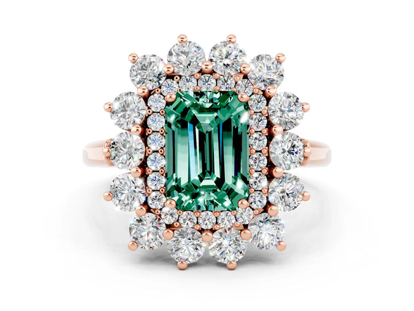 Rose gold Emerald Cut Green Sapphire Floral Double Halo Engagement Ring with Prong Setting