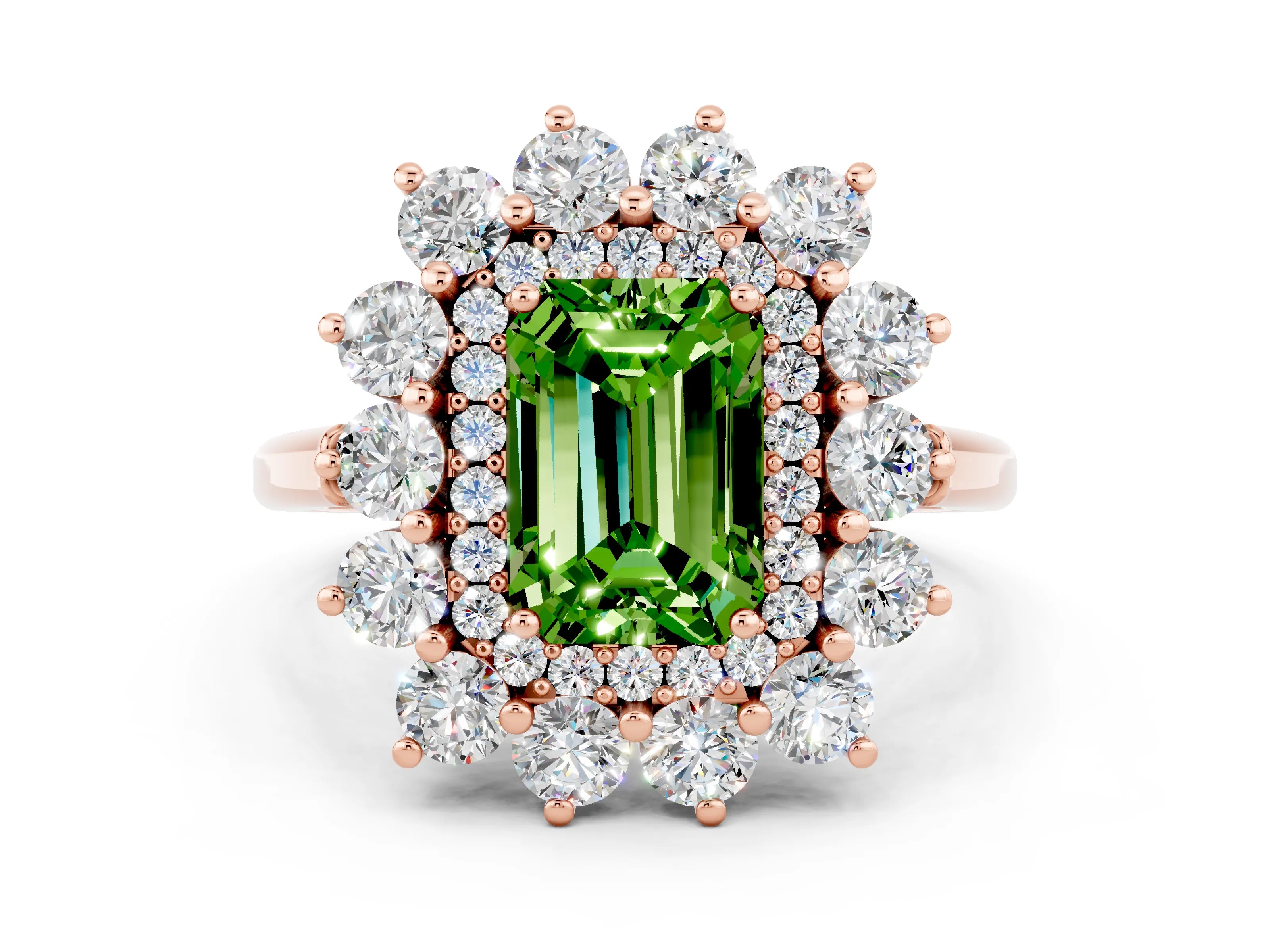 Rose gold Emerald Cut Halo Cluster Diamond Ring with Pave Band and Four-Prong Setting_12